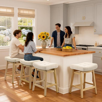 Counter Height Bar Stools Set of 4 for Kitchen Counter Farmhouse Modern Barstools with Upholstered Fabric Backless Seat and Solid Wood Legs 24 inch Bar Chairs, Khaki + Wood Color