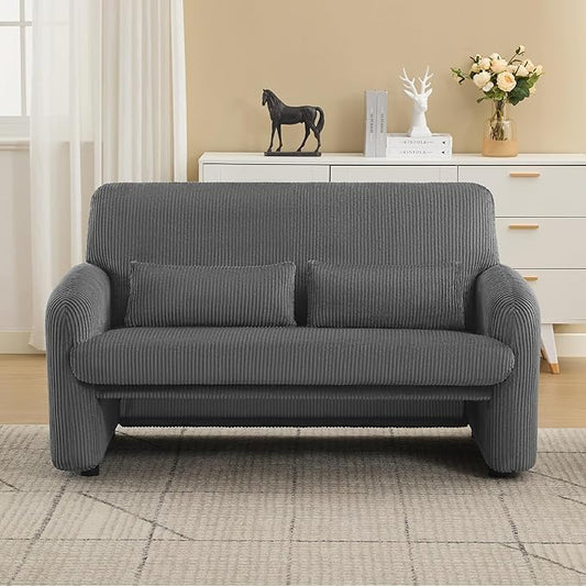 56'' Corduroy Loveseat Sofa, 2 Seater Love Seat Couch for Small Space, Comfy Upholstered Modern Leisure Loveseat Couches with Lumbar Pillows for Bedroom, Office, Living Room, Grey