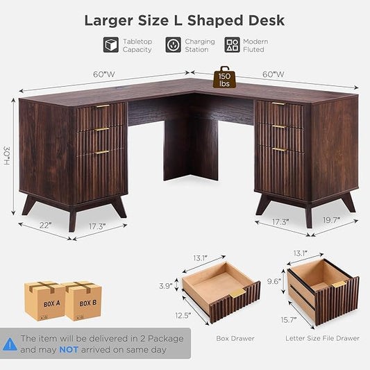 T4TREAM 60'' Fluted Executive L Shaped Desk, Modern Home Office Desk with Charging Station and File Drawer, Computer Corner Desks with Drawers & Storage Cabinet for Office Home, Bedroom, Dark Walnut