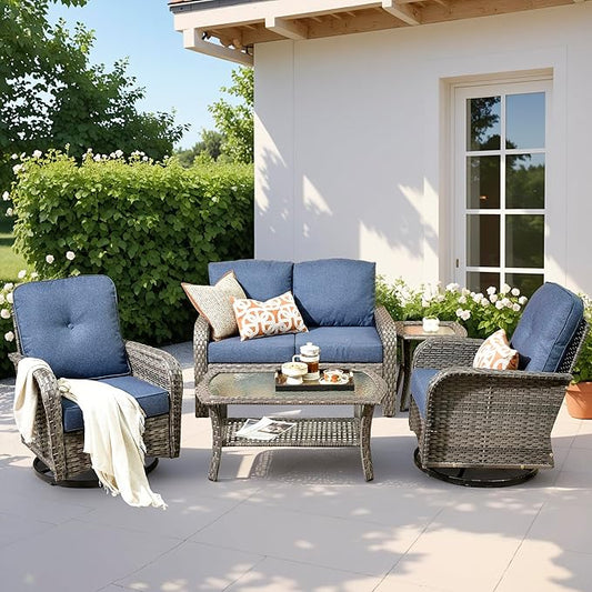 5 PCS Patio Outdoor Furniture Set with Swivel Rocking Chairs,All Weather Wicker Rattan Patio Seating Sofa and Chairs Set,Outdoor Conversaiton Sets for Deck Yard Prrch Garden Poolside,Blue