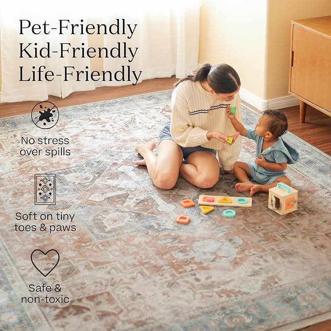 RUGGABLE Washable Vintage Area Rug – Verena Soft Blue 6x9, Stain-Resistant, Non-Slip – Medium Machine Washable Rugs for Living Room, Bedroom, Hallway, Entryway & Office–with Cushioned Pad