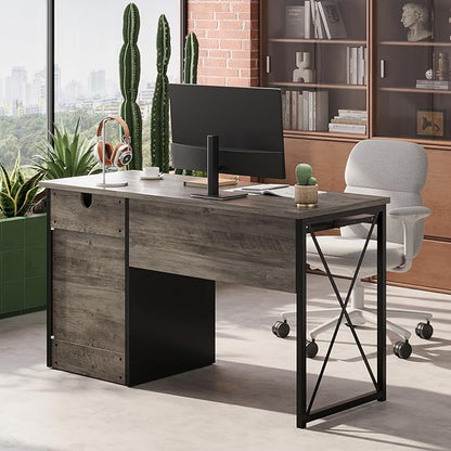 Bestier 47" Office Desk with Drawers, Industrial Computer Desk with Drawer, Reversible Teacher Desk with Storage & Keyboard Tray for Small Space Home Office & Studio, Gray Wash