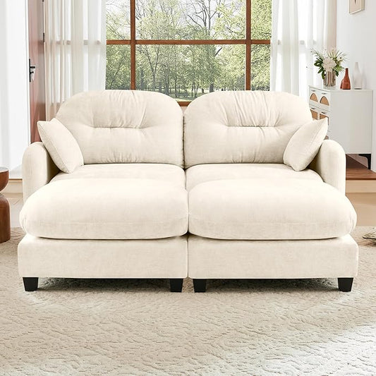 74" Loveseat U Shaped Couch with 2 Ottoman, Comfy Chenille Fabric Cloud Sectional Couch, Modern Upholstered Deep Seat Sofas with Armrest Pillow, Cloud Sofa for Small Spaces Apartment, Beige