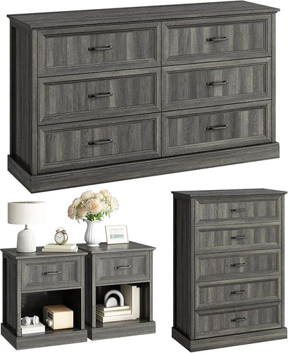 CARPETNAL Farmhouse Dresser and Nightstand Sets for Bedroom, 4 Pcs Bedroom Set, 5 Drawer & 6 Drawer Dresser and Nightstand Set of 2, Wood Chest of Drawers for Living Room, Entryway, Grey