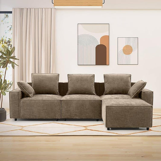 WILLOVE 109'' Modular Sectional Sofa, Chenille Cloud Couch with Wide Armrests & 5 Pillows, Deep Seat Couches for Living Room, Khaki