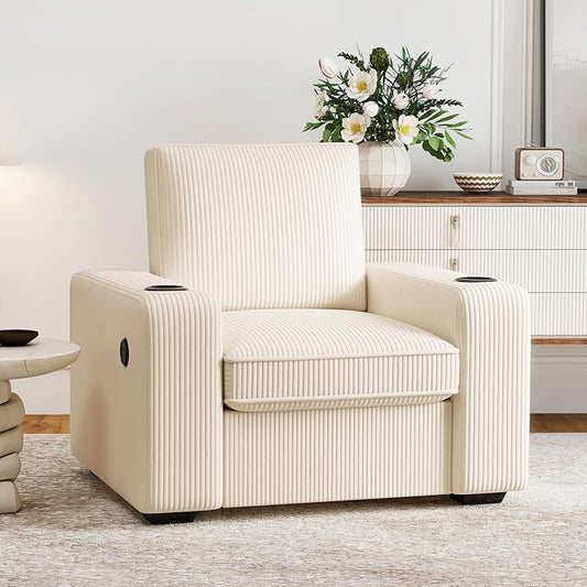 Furnimart 36" Wide Plush Accent Chair, Single Sofa with USB Charger & Cup Holder, Oversized Comfy Chair Tufted Corduroy Fabric, Ideal for Living Room, Bedroom, Apartment(Corduroy-Beige)