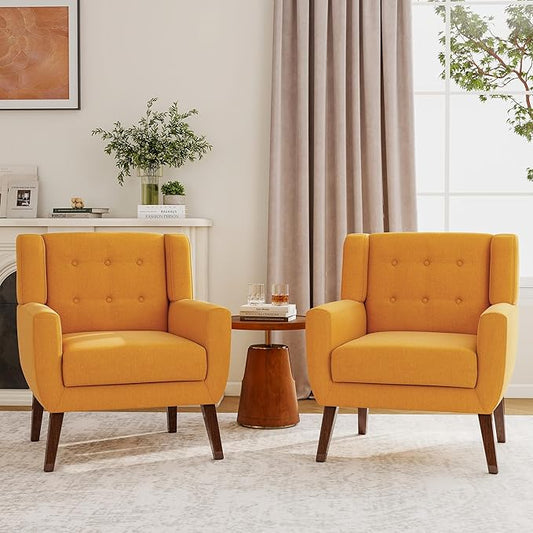 Accent Chairs Set of 2, Modern Fabric Armchairs for Living Room, Comfy Upholstered Arm Chairs Tufted for Indoor Bedroom Office Room (Orange)