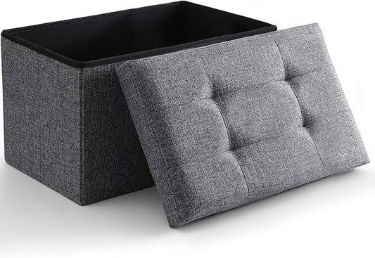 CUYOCA Storage Ottoman Cube Small Footrest Foldable Seat Foot Stools Square Tufted Ottoman Linen Dark Grey