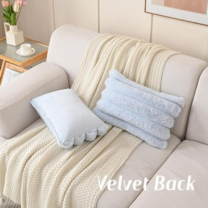 FUTEI Light Blue Decorative Throw Pillow Covers 12x20 Inch Set of 2, Square Soft Faux Rabbit Fur Thick Striped Lumbar Pillow Case,Winter Home Decor for Couch Bed Living Room