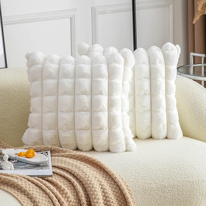 Neelvin Cream White Faux Fur Cozy Soft Plaid Decorative Throw Pillow Covers 22x22 inch Set of 2,Velvet Pillowcase Cushion Case for Sofa Couch