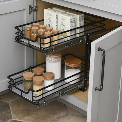 Household Essentials Glidez Multipurpose Paint-Finished Steel Pull-Out/Slide-Out Storage Organizer with Plastic Liners for Under Cabinet Use - 2-Tier Dual-Slide Design, Black