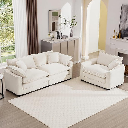 mikibama Luxury 2 Piece Sofa Set, Loveseat Couch & Sofa Armchair Set, Modern Corduroy Comfy Cloud Couches Set for Living Room Office with 2 Armrest Pillows and 3 Toss Pillows, Beige