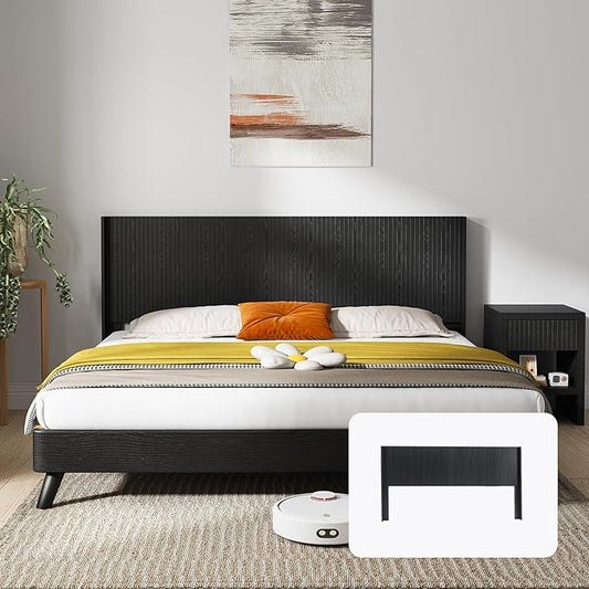 KEIKI Wooden Queen Size Headboard Only, 64.5" Wide Farmhouse Headboards with Wall Mounted Fluted Panel & Wingback for Bedroom, Black Oak