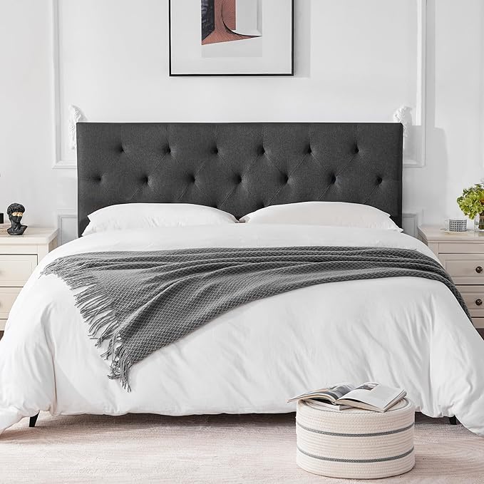 Linen Upholstered Headboard King Size, Modern Diamond Tufting Solid Wood Cali King Headboard Only, Adjustable Height from 37” to 51” Head Board, Bed Frame or Wall Mount Headboards, Dark Grey