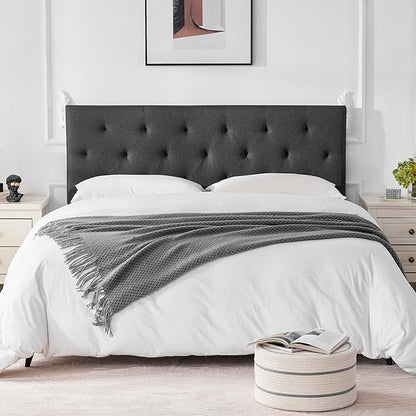 Linen Upholstered Headboard King Size, Modern Diamond Tufting Solid Wood Cali King Headboard Only, Adjustable Height from 37” to 51” Head Board, Bed Frame or Wall Mount Headboards, Dark Grey
