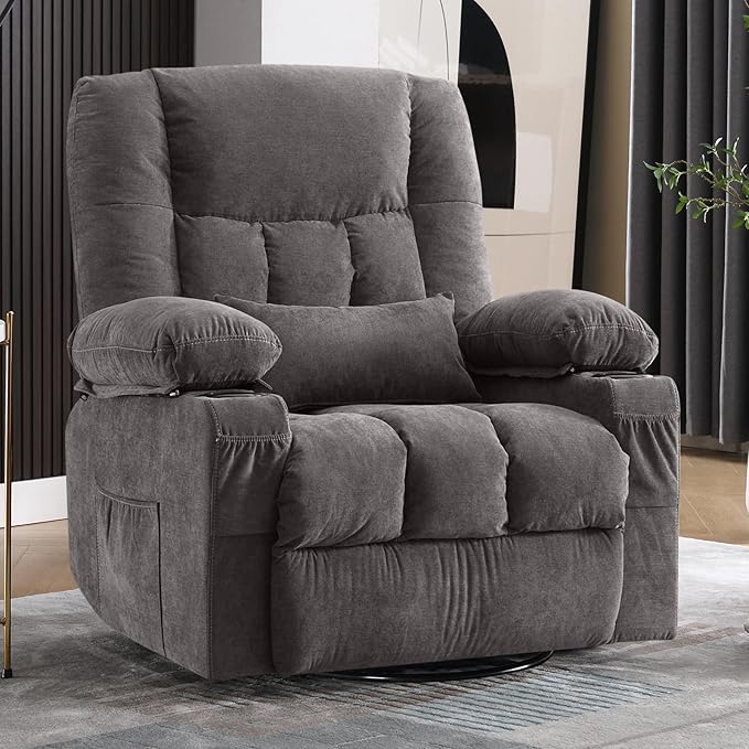 BOSMILLER Massage Swivel Rocker Recliner Chair with Vibration Massage and Heat Ergonomic Lounge Chair for Living Room with Rocking Function and Side Pocket, 2 Cup Holders, USB Charge Port