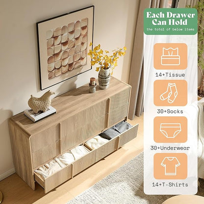 AMERLIFE 63" Fluted 6 Drawer Dresser, Long Modern Chest of Storage Drawers with Pine Handles, Rounded Corners & Anti-Tip Design, Wood Closet Organizer for Bedroom, Living Room, Nursery, Natural Oak
