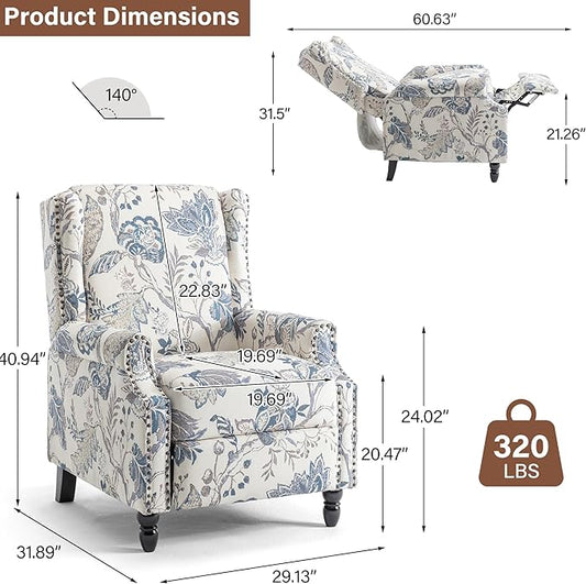 Pushback Recliner Chair, Floral Fabric Wingback Recliner Chair, Upholstered Armchair Push Back Recliner, Rivet Trim Single Sofa Accent Chair with Wood Legs for Living Room, Plants Blue