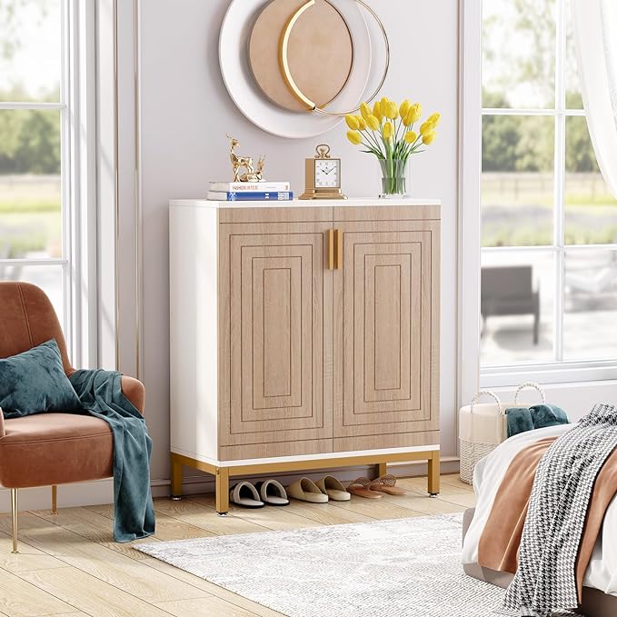 Tribesigns Shoe Cabinet with Doors, 20 Pairs Entryway Shoe Storage Cabinet with Shelves, 5-Tier Modern Free Standing Shoe Racks Storage Organizer for Closet, Living Room, Bedroom(White/Natural)