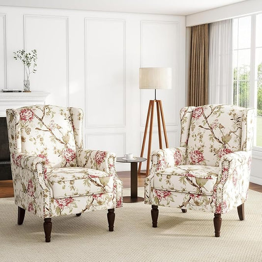UIXE Floral Accent Chairs Set of 2, High Back Upholstered Armchair Wingback Arm Chair in Fabric for Living Room, Nailhead Trim Single Sofa Bedroom Side Reading Seat with Retro Solid Wood Legs - Beige