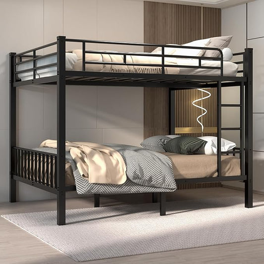 Queen Over Queen Bunk Bed for Adults & Teens, Heavy Duty Metal Bunk Bed with EVA Anti-Slip Ladder & Full-Length Guardrails, Noise-Free Queen Bunk Bed Frame with Under-Bed Storage, Black