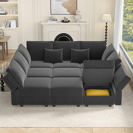 Vesgantti Modular Sofa Bed with Storage, 92" Sleeper Sofas with 9 Seats Storage Chaises Removeble Cover, Luxury Large Velvet Sectional Couch Set for Living Room, Apartment, Home Theatre, Gray