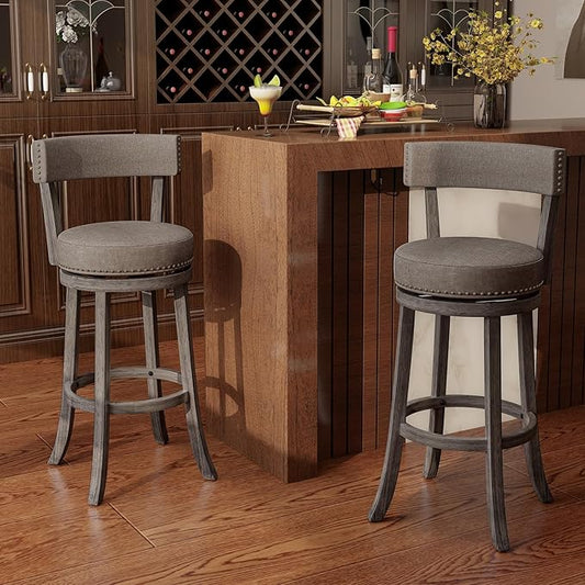 COSTWAY Bar Stools Set of 2, Upholstered Farmhouse Bar stools with Cushioned Seat & Backrest, Solid Wood Legs, Footrest, 31” Bar Height Swivel Stools for Kitchen Island, Pub (2, 31'' Seat Height)