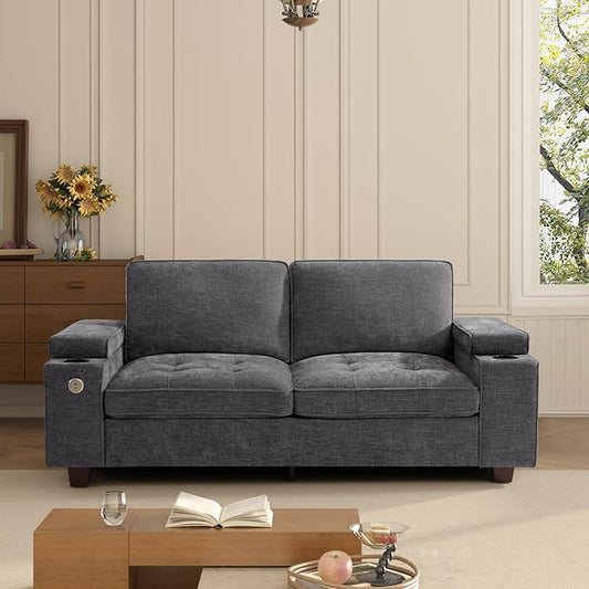 74" Loveseat Couch for Living Room,Modern Chenille Upholstered Sofa with Adjustable Storage Armrest Cup Holders,USB & Type-C Ports,Solid Wood 2-Seater Loveseat Sofa for Apartment(Deep Gray)