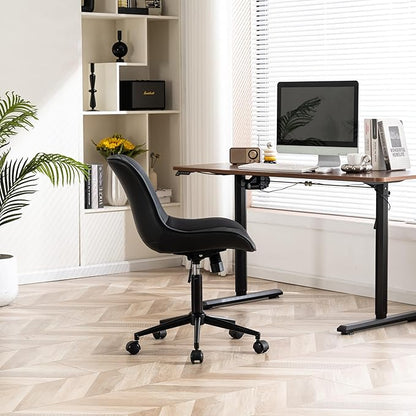 YOUNIKE Black Home Office Desk Chair Armless Comfy Small Ergonomic Rolling Vanity Chair with Wheels Wide Swivel Adjustable Modern Task Chair Back Cute Leather Upholstered Sewing Drafting Chair No Arms