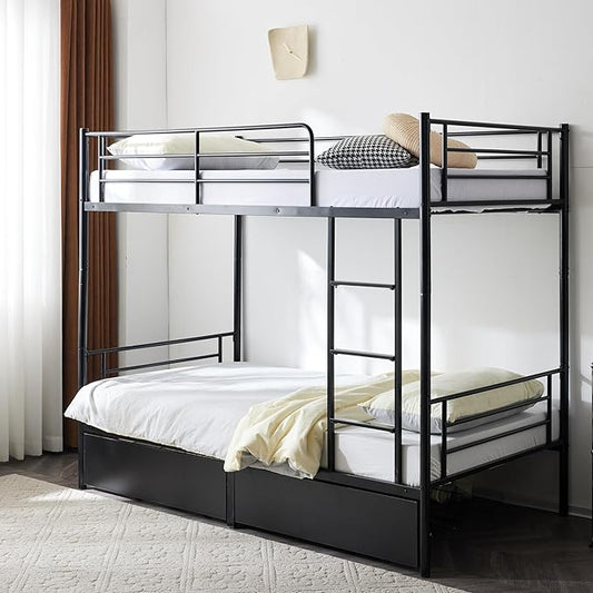 Karl home Black Bunk Bed Twin Over Twin with 2 Storage Drawers, Metal Bunk Bed with Built-in Ladder and Safety Guardrail, Space-Saving Twin Bunk Beds for Kids, Teens & Adults, No Box Spring