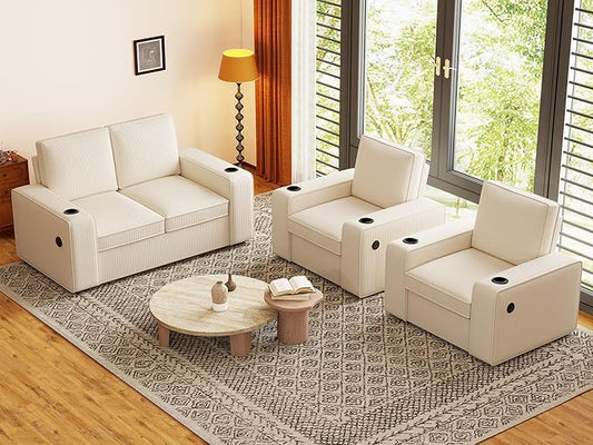 Furnimart 4-Seater Sectional Sofa and Couch Set Corduroy, Loveseat & 2PC Chairs with USB Charger and Cup Holder, Small Living Room Furniture Set for Apartment, Tiny Homes and Lofts, 3PC-Beige