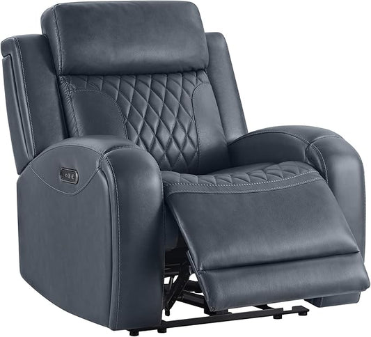CHITA Genuine Leather Recliner Chair for Adults with Adjustable Power Headrest, Lay Flat Power Recliner with Slide-Out Cupholders & USB/Type-C Ports, Living Room Chair, Navy Blue