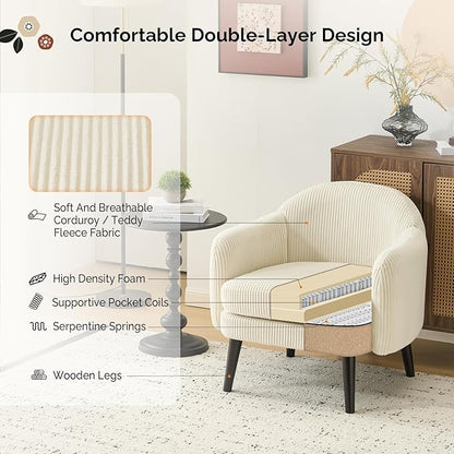 VINGLI 30.3" Wide Modern Barrel Accent Armchairs Set of 2 with Track Armrest, Solid Wooden Legs, Comfy Upholstered Club Chairs, Single Home Sofa for Living Room, Bedroom, Reading Room, Corduroy Beige