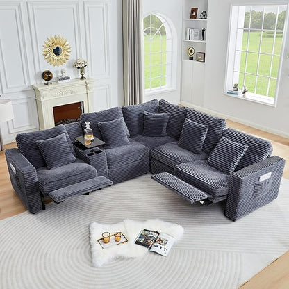 Power Reclining Sectional Sofa, Electric Loveseat Recliner with 2 Electric Footrest and Adjustable Headrest, Modern Plush Corduroy Fluffy Reclining Sectional with Deep Seat for Living Room-Blue Grey