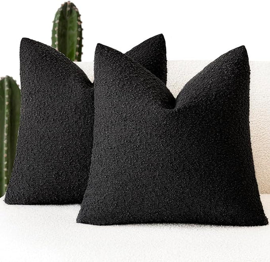 Foindtower Set of 2, Decorative Textured Boucle Throw Pillow Covers Accent Solid Pillow Cases Neutral Soft Cozy Couch Cushion Case for Chair Sofa Bedroom Living Room Home Decor 18 x 18 Inch Black