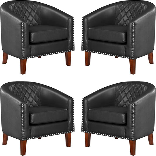 Prilinex Comfy Barrel Accent Chair Set of 4 - Faux Leather Living Room Chair Club Chair with Cushion, Diamond Grid Backrest & Nailhead Trim, Guest Chair for Office, Bedroom & Waiting Room, Black