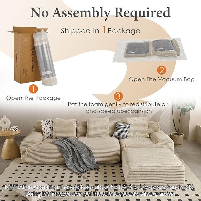 VK·LIVING 113" Cloud Sectional Couch, 61.6" Deep Seat Boneless Modular Sofa with Wide Armrests, Plush Corduroy Memory Foam Couch for Living Room, No Assembly, Sage Green