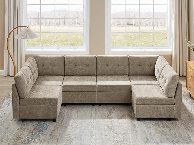VANOMi 6 Seater Modular Cloud Sofa, 118" Convertible Sectional Cloud Sofas & Couches for Living Room, Comfy Chenille Sectional Couch Sofa for Living Room, Apartment, Office, Camel, L/U Shaped
