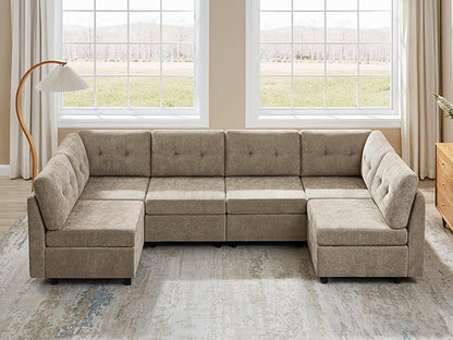 VANOMi 6 Seater Modular Cloud Sofa, 118" Convertible Sectional Cloud Sofas & Couches for Living Room, Comfy Chenille Sectional Couch Sofa for Living Room, Apartment, Office, Camel, L/U Shaped