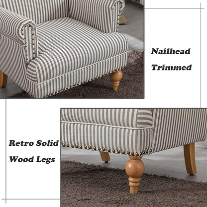Linen Accent Chair Mid-Century Modern Living Room Armchair with Nailhead Trim & Wood Legs Comfy Upholstered Single Sofa Chair for Lounge/Bedroom/Reception, Black Stripe