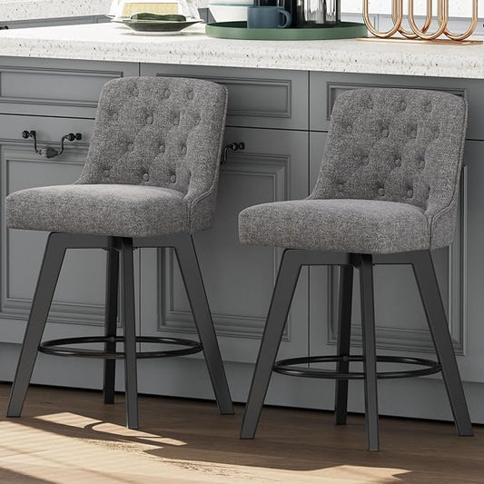 MINCETA Bar Stools Set of 2, 26 Inch Upholstered Barstools with Low Tufted Back and Footrest, Swivel Counter Height Barstools for Kitchen Island Home Bar Performance Fabric Gray