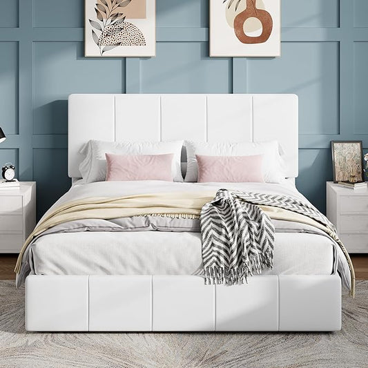 SHA CERLIN Full Size Bed Frame, Velvet Upholstered Platform Bed, Vertical Channel Tufted Adjustable Headboard, Low Profile Bed Frame, No Box Spring Needed, Easy Assembly, White