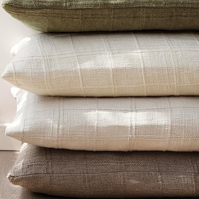 Foindtower Set of 2 Decorative Linen Check Throw Pillow Covers Neutral Farmhouse Vintage Cushion Covers Modern Boho Home Decor for Sofa Chair Couch Bedroom Living Room,18×18 Inch,Taupe Grey