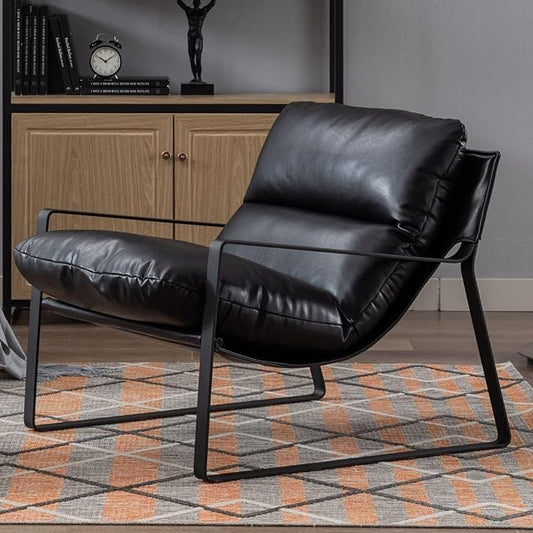 LukeAlon Modern PU Leather Accent Armchair, Upholstered Living Room Chair with Metal Base Removable Thickened Cushion Single Sofa Chair Comfy Lounge Chair for Bedroom Living Room Office, Black