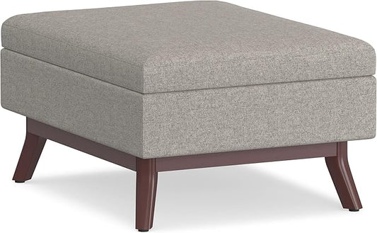 SIMPLIHOME Owen 34 inch Wide Mid Century Modern Rectangle Coffee Table Storage Ottoman in Cloud Grey Polyester Fabric, Assembled, For the Living Room, Entryway and Family Room