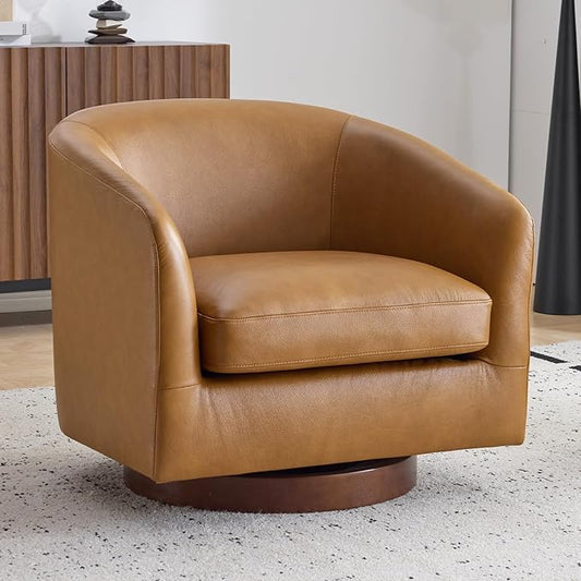 AEDI Genuine Leather Swivel Accent Chair with Solid Wood Base, Upholstered Barrel Armchair for Living Room, Modern Small Club Chair,Genuine Leather,Camel