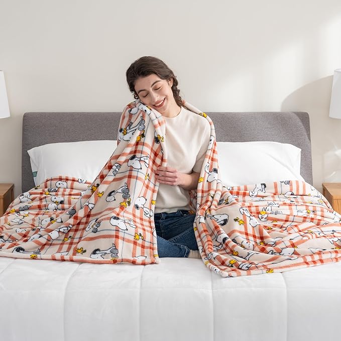 Berkshire Blanket Peanuts® VelvetLoft® Cute Character Snoopy Plush Blanket,Snoopy and Woodstock Wood Holiday Plaid Medium Tan,Full/Queen 90 in x 90 in (Official Peanuts® Product)
