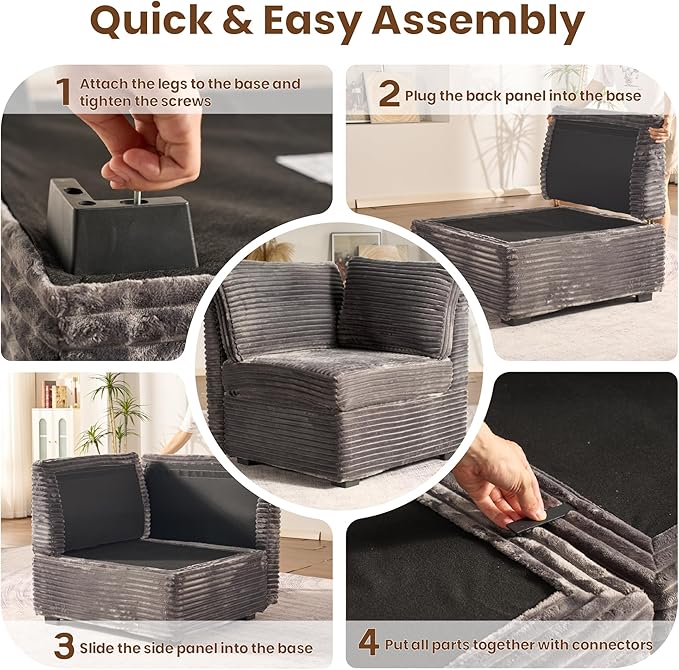 32.7'' Corner Seat for Modular Sectional Sofa, Deep Seat Upholstered Convertible Sleeper Sofas, L/U/V Shaped Plush Corduroy Cloud Couch for Living Room Apartment, Grey