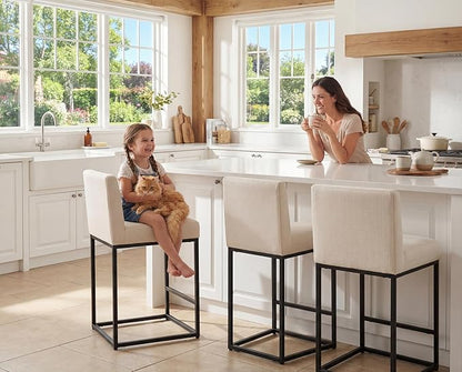 27" Height Bar Stools Set of 4 Counter Height Stools with Back and Footrest for Kitchen Modern Metal Barstools, Linen Upholstered Farmhouse Bar Chairs Island Stools, Cream