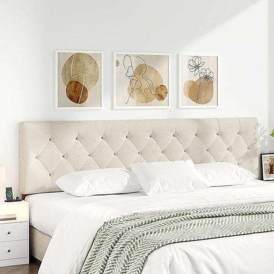King Upholstered Headboard Only for Bed Frame from 65”-78”, Adjustable Height King XL Headboards with Durable Wood Legs, Fabric Bed Board in Modern Button Design, Beige